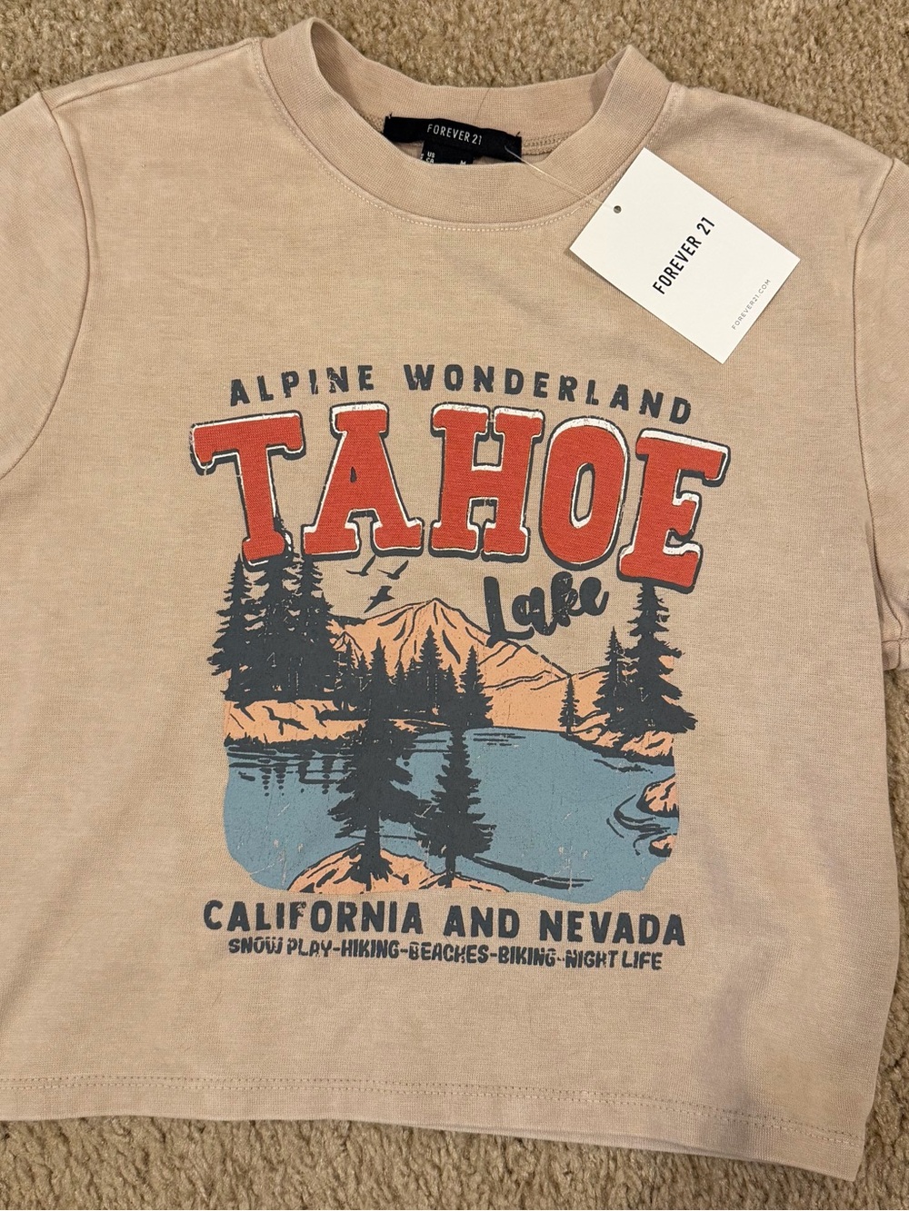 Forever 21 Brown Cropped Graphic Tees featuring Tahoe and SOHO